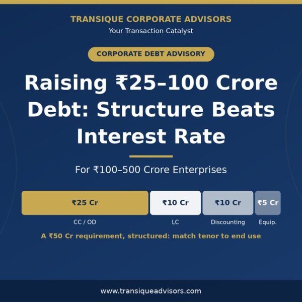 Capital structuring for ₹25–100 crore corporate debt: a ₹50 crore requirement split into CC/OD, LC, bill discounting and equipment finance.