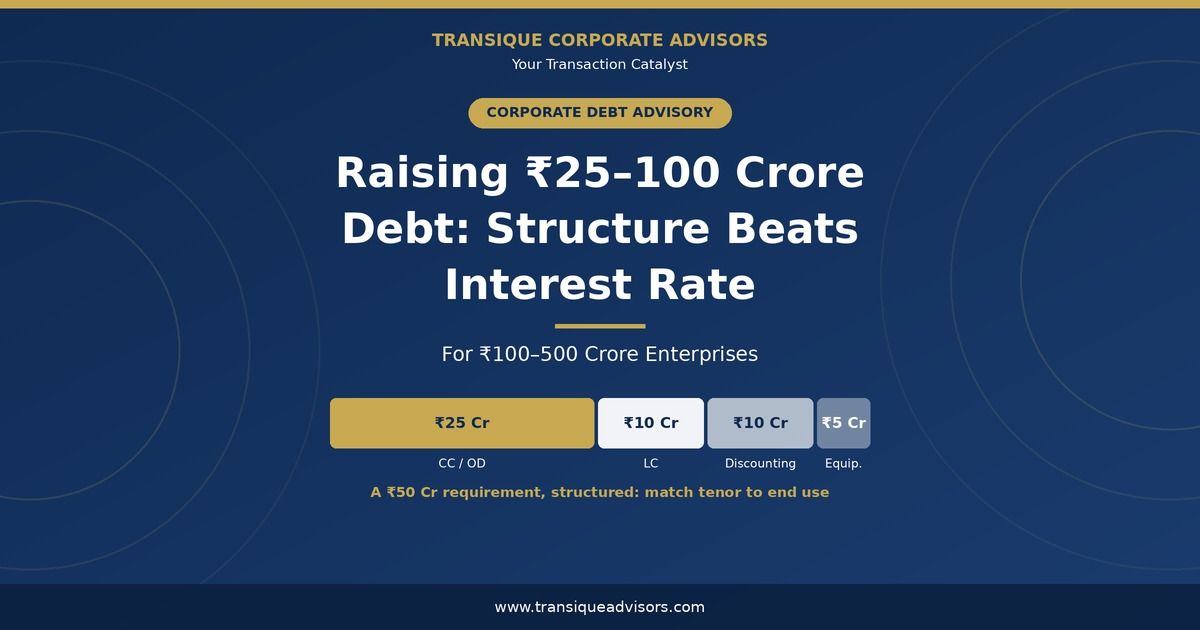 Capital structuring for ₹25–100 crore corporate debt: a ₹50 crore requirement split into CC/OD, LC, bill discounting and equipment finance.